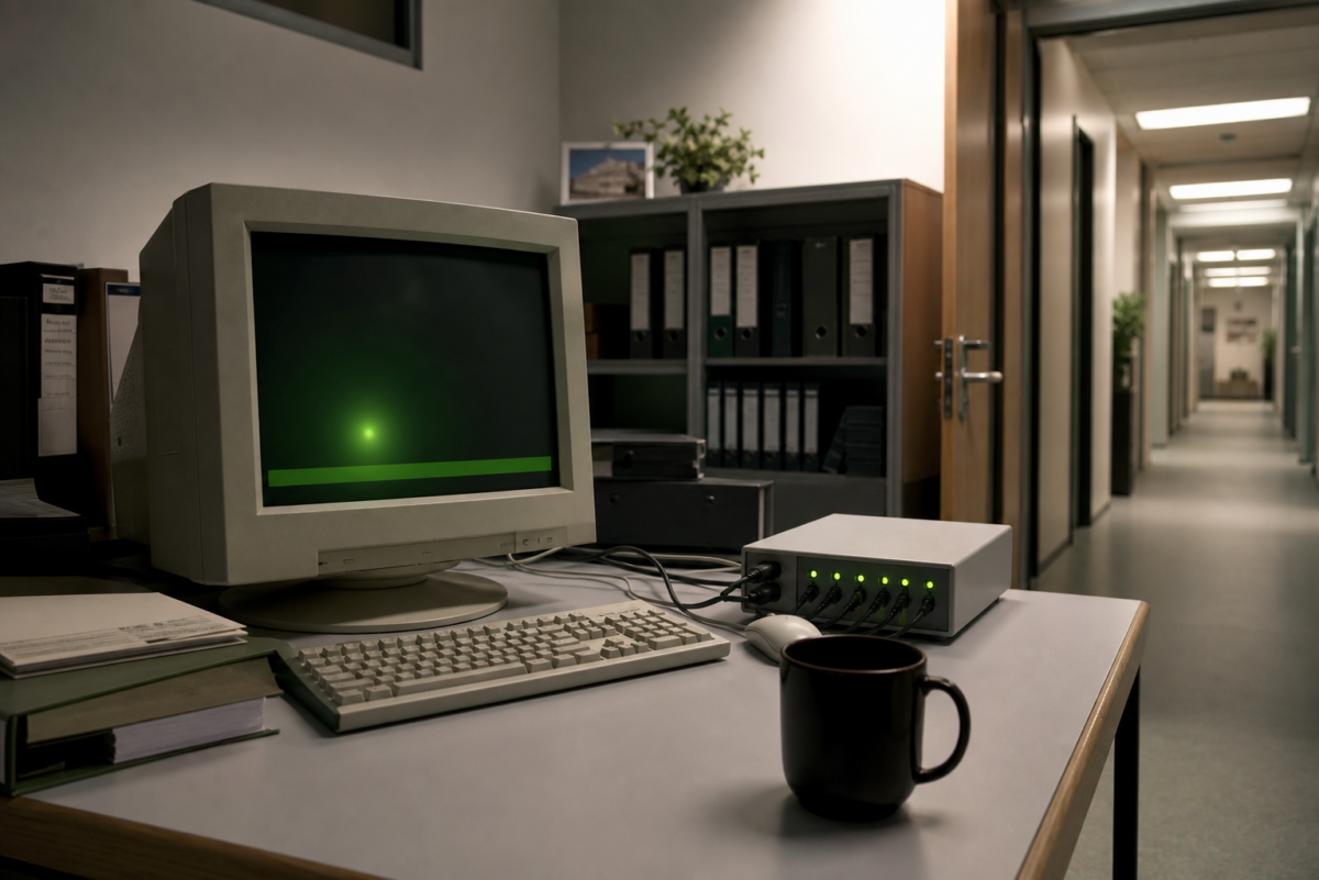 Uni-Buero mit altem PC, Kaffee und Netzwerkgeraet