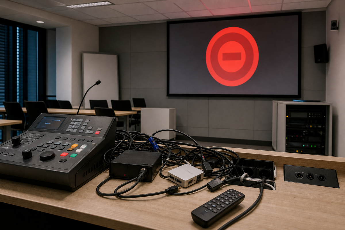 Akkreditierung 404, Medientechnik im Seminarraum mit Warnsignal